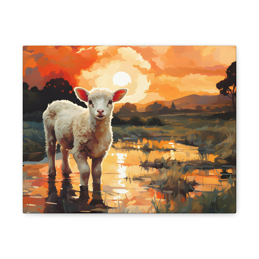 Sun-Kissed Innocence: A Lamb's Graceful Encounter with the Golden Hour Canvas Print