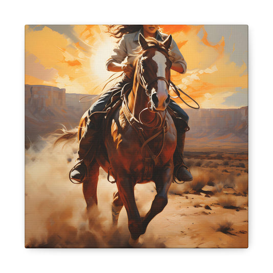 Wild West Gallop: A Cowgirl's Dusty Desert Odyssey Canvas Print