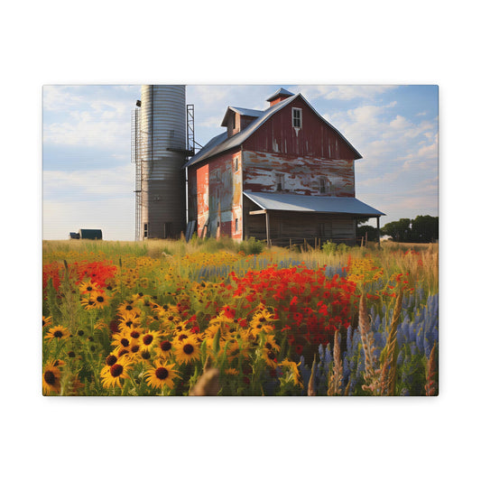 Rural Harmony: Silo, Barn, and  a Meadow of Wildflowers Canvas Print