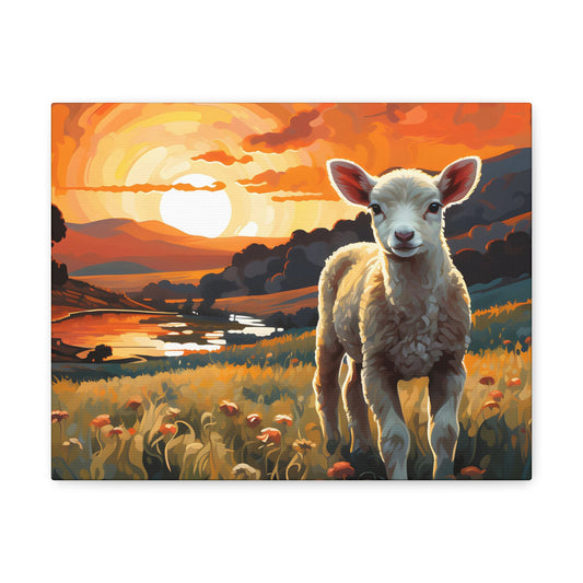 Golden Serenity: A Lamb's Tranquil Moment in the Magic Hour Canvas Print