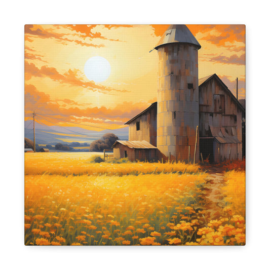 Serenity in the Countryside: Silo, Meadow, and Wildflowers Canvas Print