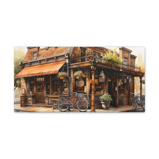 Rustic Charm: Wooden Corner Store with Vintage Bikes Canvas Print